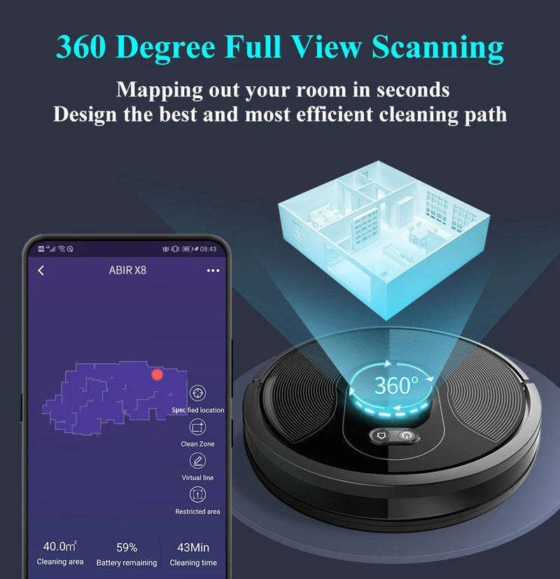 (40% OFF)Robô aspirador de pó ABIR X8, navegação a laser lidar, 6500pa sucção, multi-assoalho mapa, Esterilização UV, y forma molhado esfregar, app zonas não-go, Exclusivo Sensor TOF