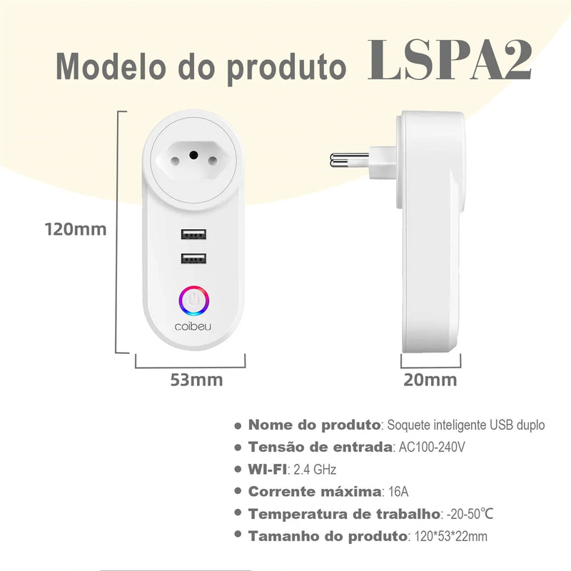 Tomada inteligente WiFi com USB ,Smart Plug Sem Fio Doméstica Multifuncional, Controle Remoto de Eletrodomésticos Por