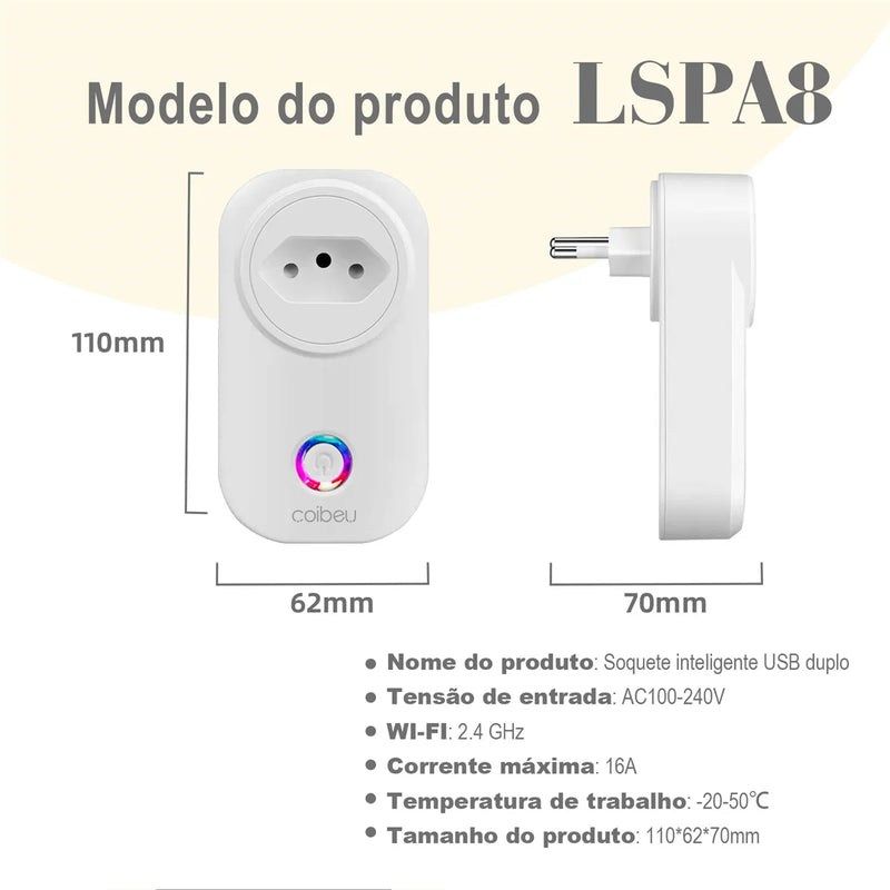 Tomada inteligente WiFi com USB ,Smart Plug Sem Fio Doméstica Multifuncional, Controle Remoto de Eletrodomésticos Por